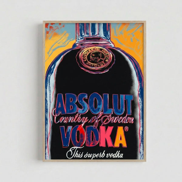 Framed art print displaying a stylized vodka bottle in vivid, contrasting hues with an energetic, modern pop art sensibility perfect for contemporary home décor.