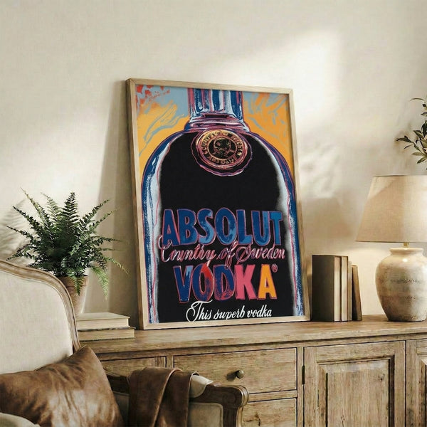 Framed poster displaying a luminous, artistically rendered vodka bottle in vivid neon and saturated colors, embodying the bold graphic style of contemporary pop art movements.