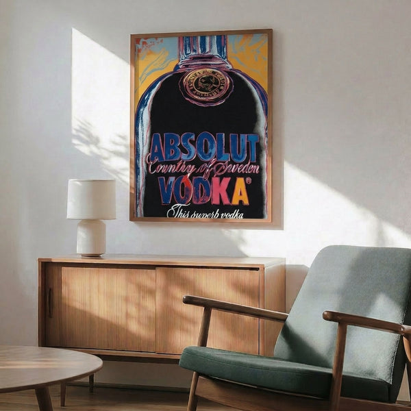 Pop art style framed print showing an Absolut bottle in brilliant, contrasting colors with an energetic, modern mood ideal for decorating contemporary living spaces.