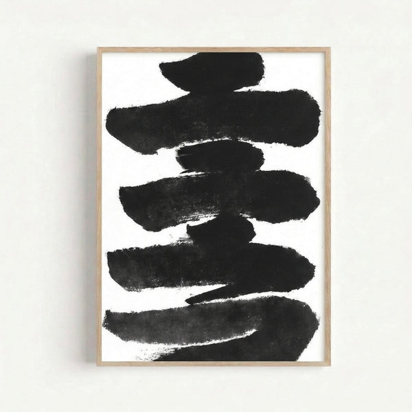 Stark black ink brushwork on white background, modern minimalist poster featuring gestural sumi-style marks with a zen aesthetic.