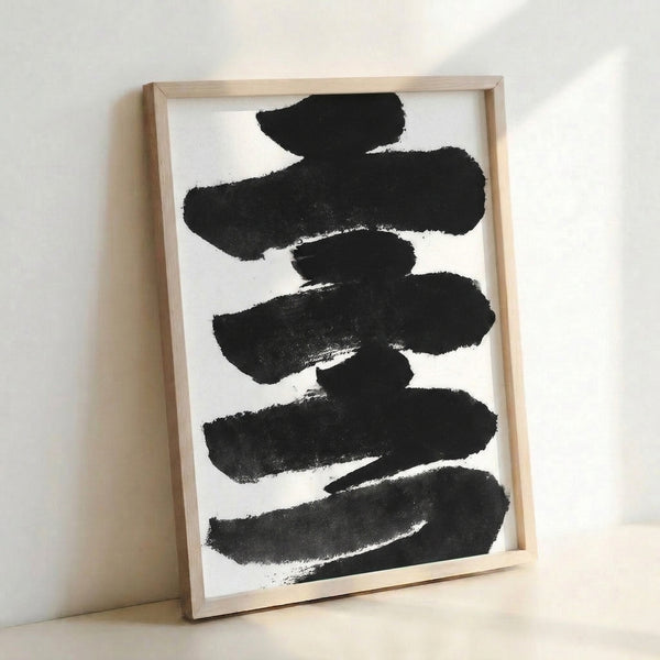 Charcoal and black abstract brush study with bold, flowing strokes on white ground, a contemplative minimalist art print.