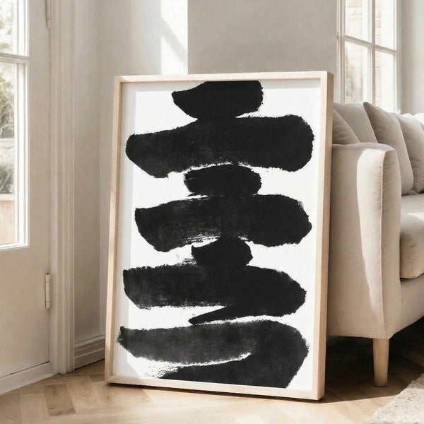 Modern wabi sabi inspired poster with striking black sumi ink marks on white, minimalist and meditative in mood.
