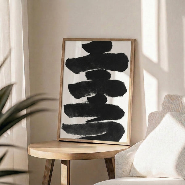 Bold abstract calligraphy in black ink on white, a stark minimalist framed poster with gestural brush energy.