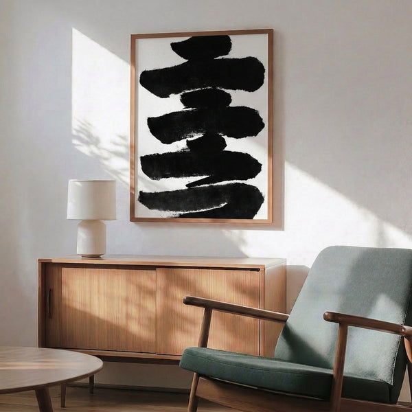 Contemplative abstract sumi brush study in black and charcoal tones, minimalist modern wall art with confident mark-making.