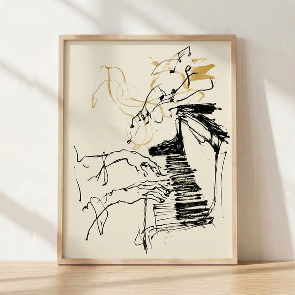 Minimalist line art print of pianist hands in gold and black on cream background, framed as modern wall art with abstract organic style.