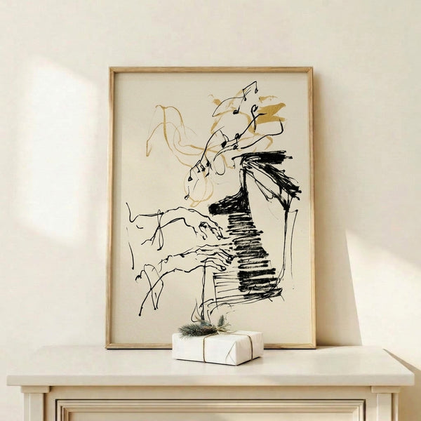 Abstract gold line drawing of hands at piano keys, contemporary poster with contemplative mood and off-white backdrop.