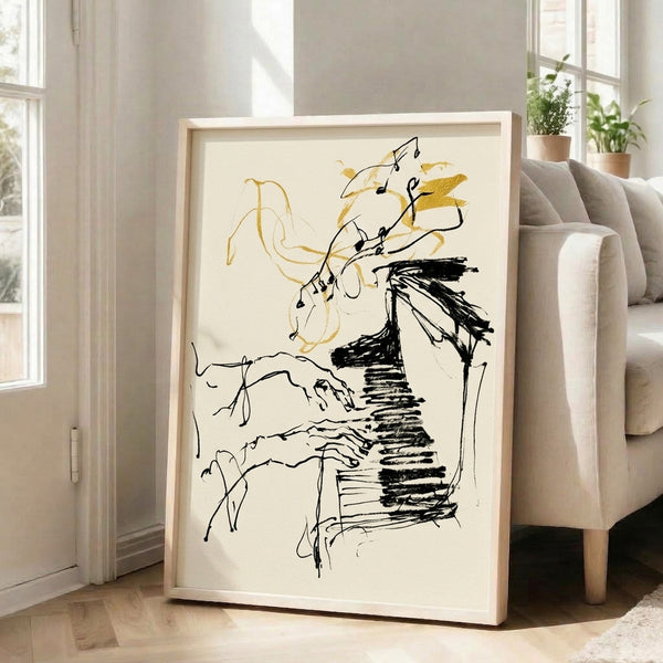 Modern minimalist framed art print featuring pianist hands rendered in flowing gold lines against black and cream, experimental line art design.
