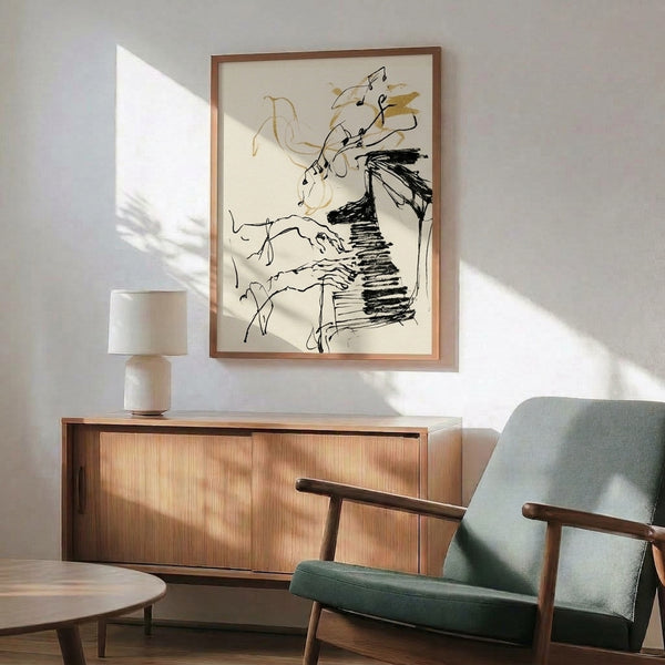 Contemplative abstract line art poster of hands playing piano in gold tones, contemporary musical artwork with organic minimalist aesthetic.