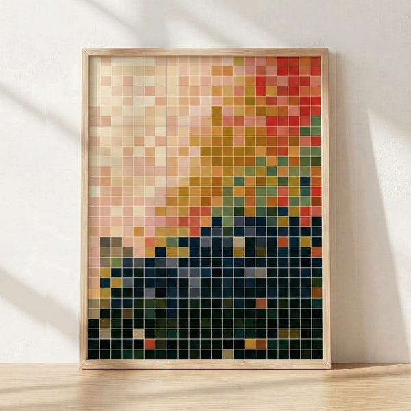 Abstract minimalist poster with a systematic grid of soft-edged color blocks in cream, rust, olive, navy, and charcoal tones, framed on a wall.