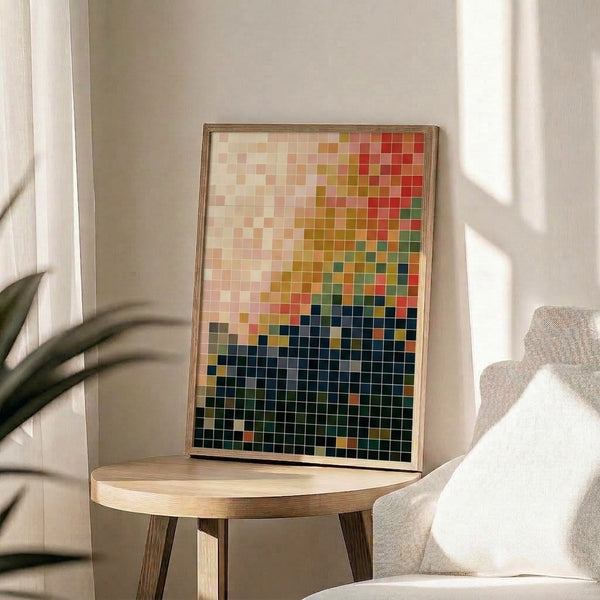 Modern abstract grid poster in cream, rust, olive, navy, and charcoal displaying harmonious color gradation in a calm, organized composition.