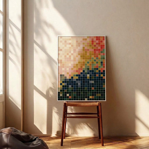 Framed minimalist wall art showcasing a systematic grid pattern of transitional color blocks in warm and cool neutral hues.