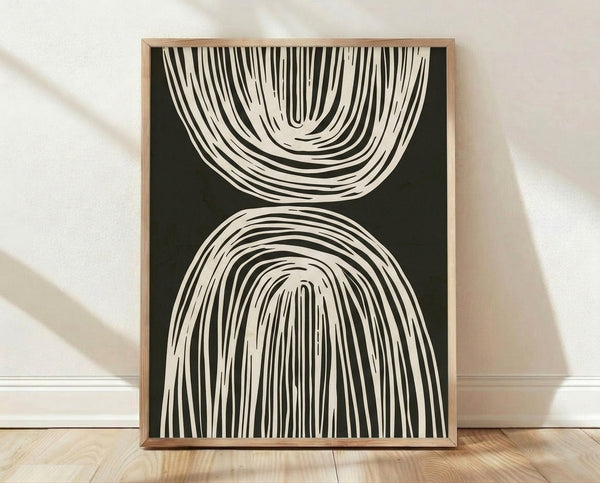 Minimalist abstract line art poster featuring flowing curved contours in black on cream background, creating a meditative and structured composition.
