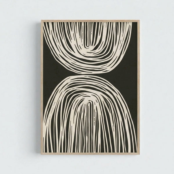 Black ink line drawing with organic arches and curved forms on white, embodying calm, contemplative minimalist aesthetics.