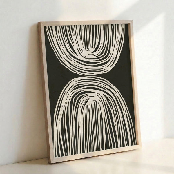 Abstract poster of continuous black lines forming graceful curves and geometric arches against a light neutral backdrop.