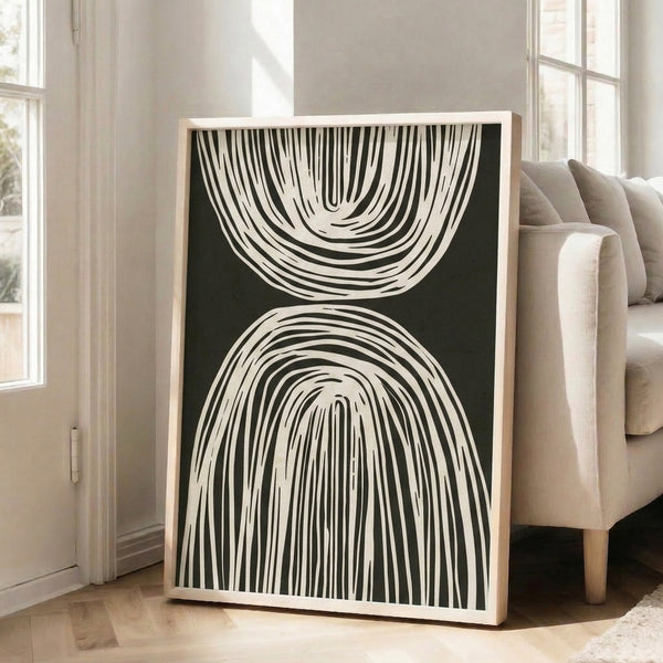 Contemporary line art poster showcasing structured abstract curves in black, evoking quiet contemplation and visual clarity.