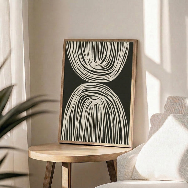 Minimalist wall art featuring meditative black line work with curved geometric shapes on cream, perfect for calm interiors.