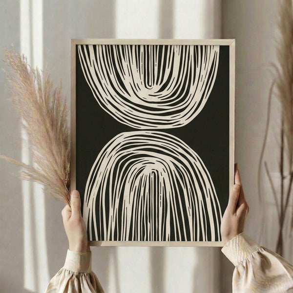 Abstract contour line poster rendered in black on white with flowing organic forms and structured composition.