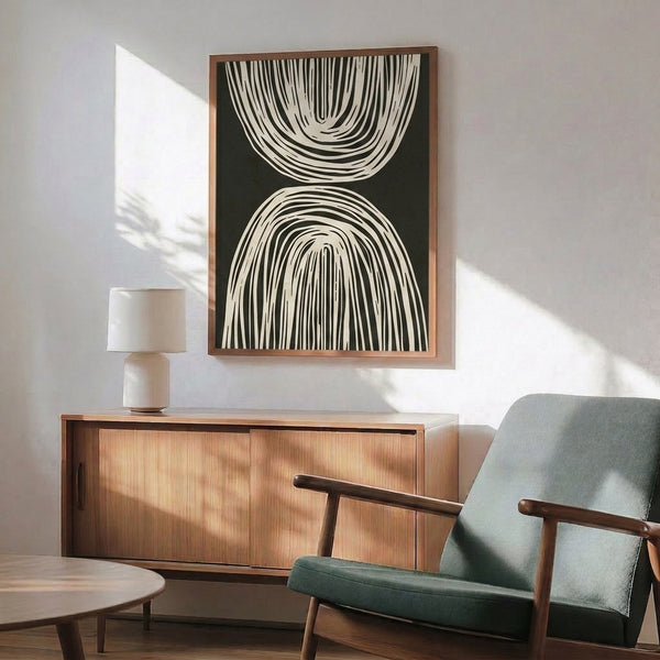 Zen-inspired line art print presenting simple black curves and arches forming an abstract, contemplative visual rhythm.