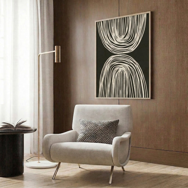 Framed minimalist poster with understated black linework creating flowing abstract shapes on light neutral ground.
