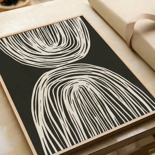 Contemplative line drawing poster featuring organic arches rendered in black on soft cream background.