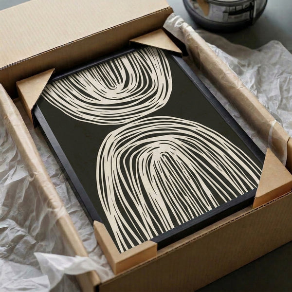 Minimalist framed artwork with flowing black line contours and abstract arches evoking meditative zen aesthetic.