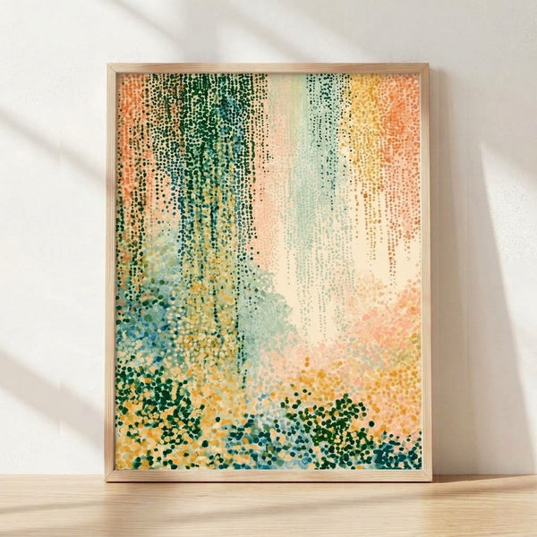 Abstract pointillist wall art in forest green, coral, and golden yellow tones creating a serene, meditative composition with minimalist modern aesthetic.