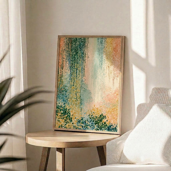 Contemporary framed art print featuring soft pointillist dots in cream, teal, and coral hues arranged in a calm, wabi sabi-inspired abstract design.