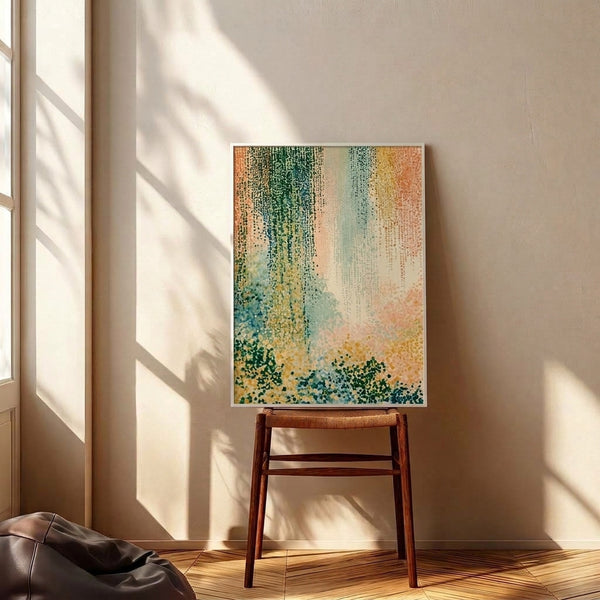 Modern minimalist poster with delicate dotted brushwork in forest green, golden yellow, and coral on a cream background, evoking peaceful contemplation.