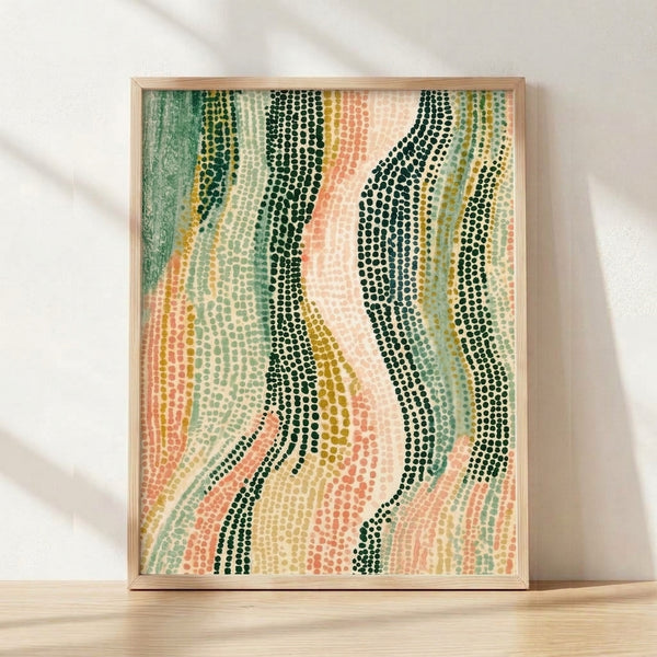 Abstract art print with rhythmic dotted stripes in forest green, coral, and golden yellow on cream background, framed on wall in minimalist modern style.