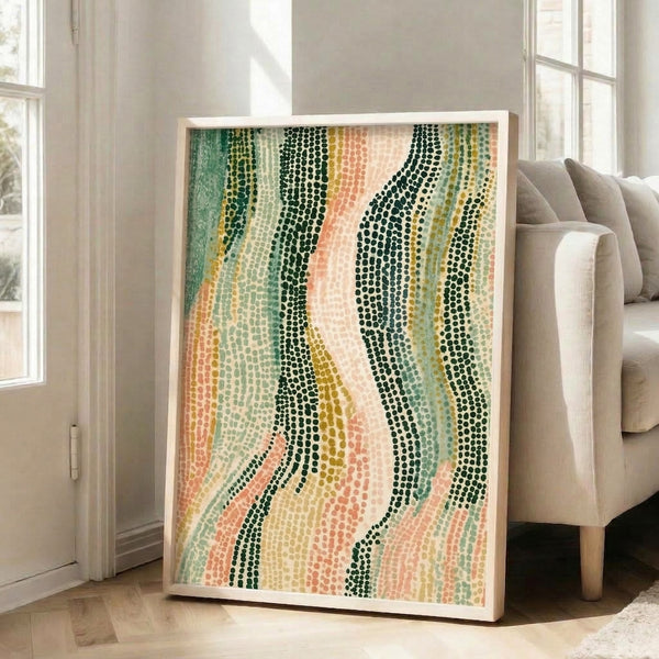 Framed contemporary abstract poster featuring meditative striped pattern with sage green and salmon coral tones, modern minimalist wall decor.
