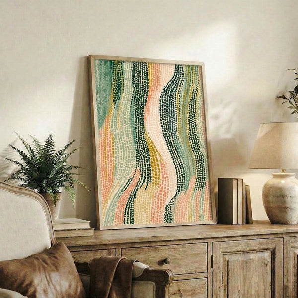 Modern abstract wall art with dotted rhythmic design in forest green, warm coral, and cream, creating a calm and trendy aesthetic.