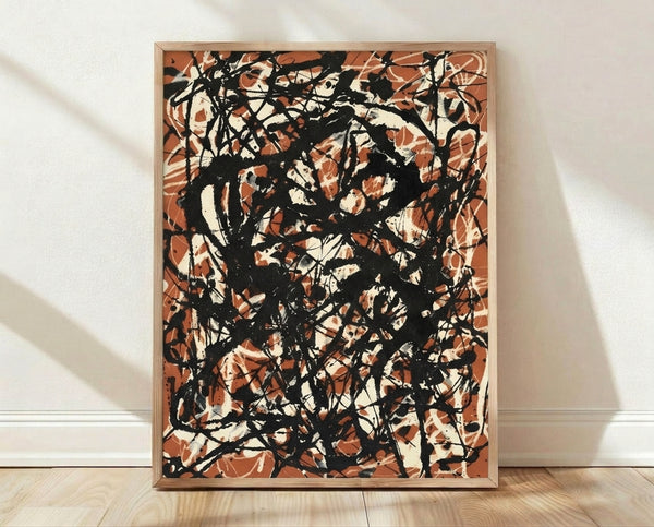 Abstract drip painting in rust, burnt orange, and black on cream background, framed poster with dynamic flowing composition.