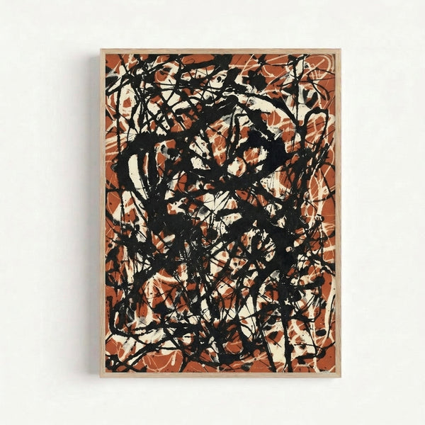 Modern abstract art print featuring energetic rust and black drips over tan, contemplative gestural brushwork displayed as framed wall art.