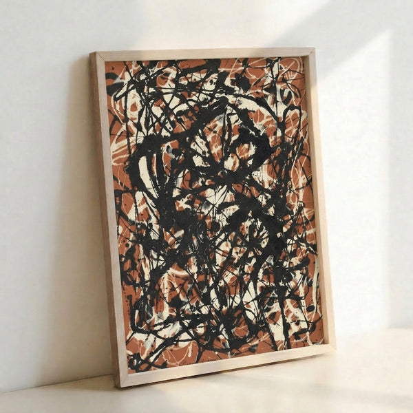 Contemporary abstract poster with burnt orange and black dripping forms on cream, creating bold dynamic visual movement.
