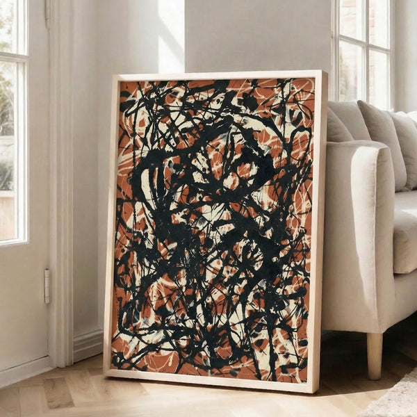 Dynamic abstract painting poster blending burnt orange, rust, black, and tan in flowing drip patterns, contemporary aesthetic.