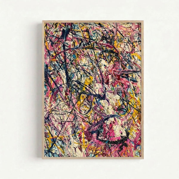Modern abstract poster featuring bold pink and yellow paint splatters with contemplative blue and black elements, framed and displayed as wall art.