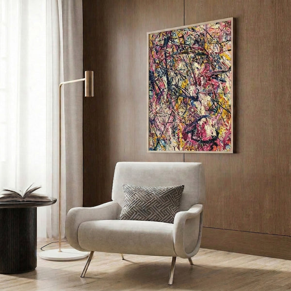 Bold abstract print showcasing energetic pink and yellow paint splatters with contemplative blue and black elements in a modern gallery-style frame.