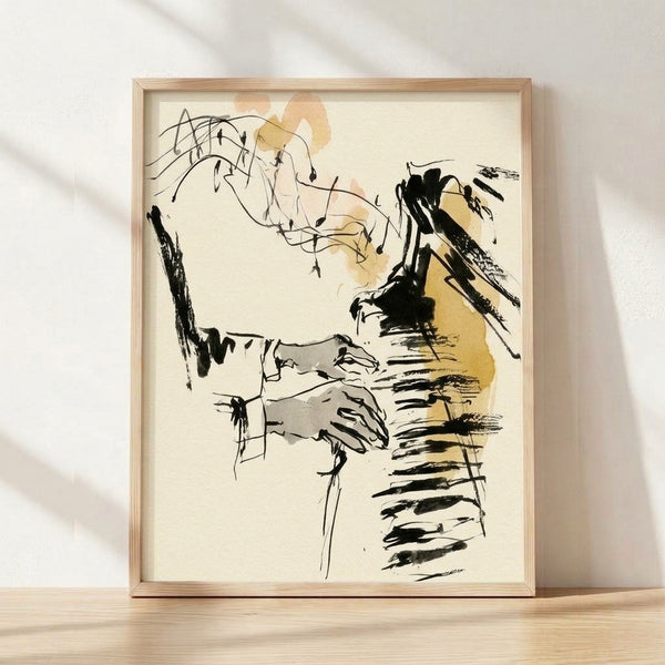Abstract ink wash sketch of pianist hands rendered in gestural black lines on cream background, capturing raw emotion and musical movement in minimalist style.
