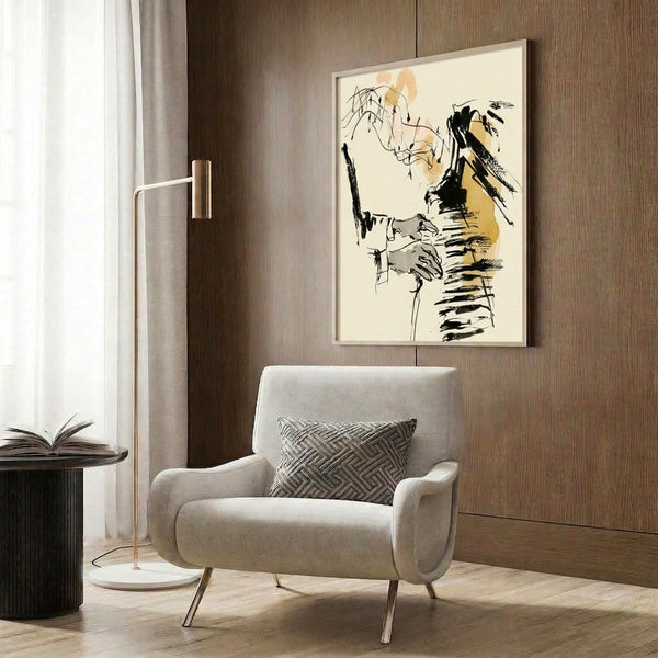 Framed line art print depicting expressive pianist hands with face in ochre, black, and gray tones; introspective abstract composition suggesting music and performance.