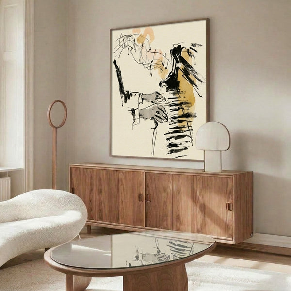 Black and cream ink wash artwork showing abstracted hands at piano with gestural marks and subtle gray-ochre accents, evoking intimate musician's moment.