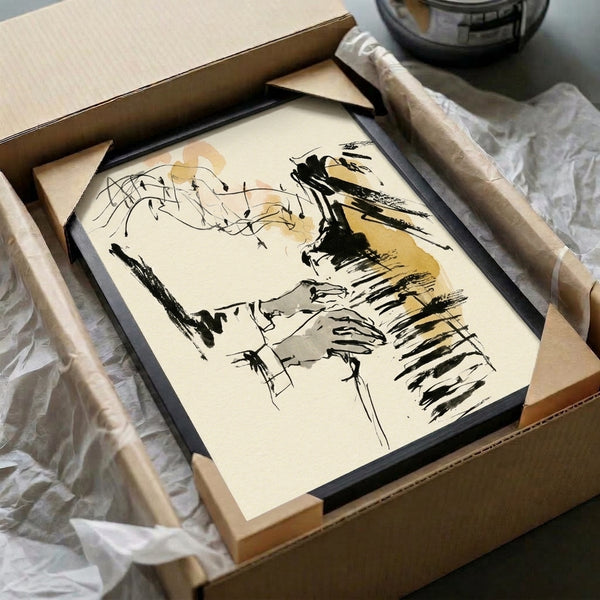 Minimalist framed poster featuring pianist hands and face in raw, emotional line art style; monochromatic sketch with warm ochre highlights on neutral background.