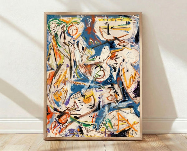 Abstract expressionist poster with dynamic gestural brushstrokes in cream, blue, orange, green, and black, creating an energetic and expressive composition on a framed wall art display.
