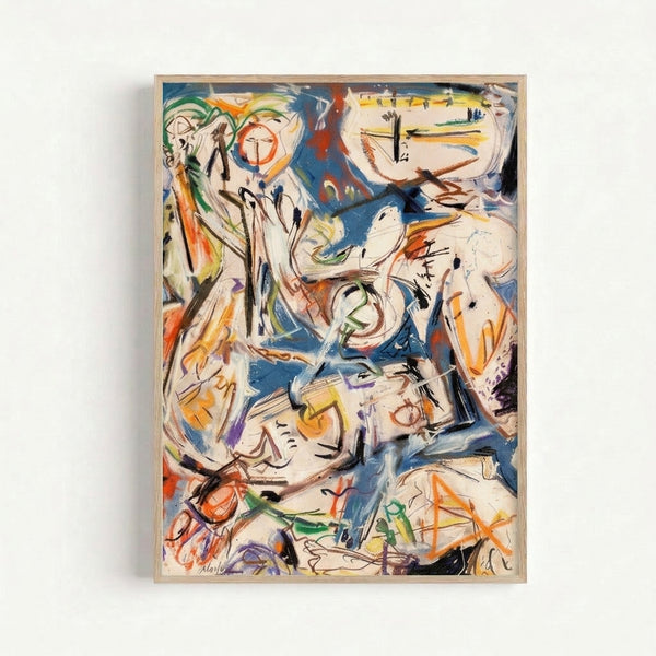 Framed modern abstract art print featuring bold, gestural marks in vibrant blue, orange, and green against a cream background, conveying movement and expressive energy.