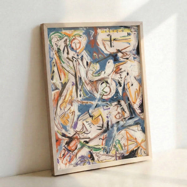 Contemporary abstract expressionist wall art with spontaneous brushwork in cream, blue, orange, green, and black tones, radiating dynamic visual intensity.