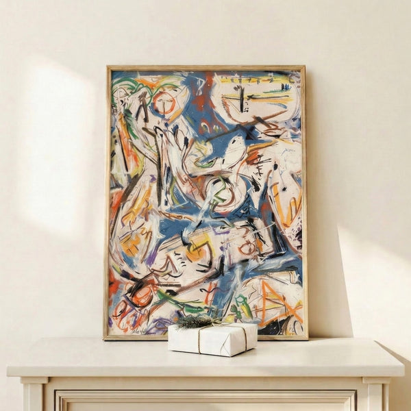 Modern abstract poster showcasing expressive gestural strokes in an energetic palette of blue, orange, green, and cream with black accents, displayed as framed wall decor.