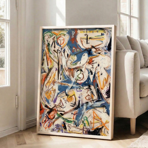 Abstract expressionist framed art print with bold, flowing brushstrokes combining cream, vibrant blue and orange, cool green, and black in a dynamic composition.