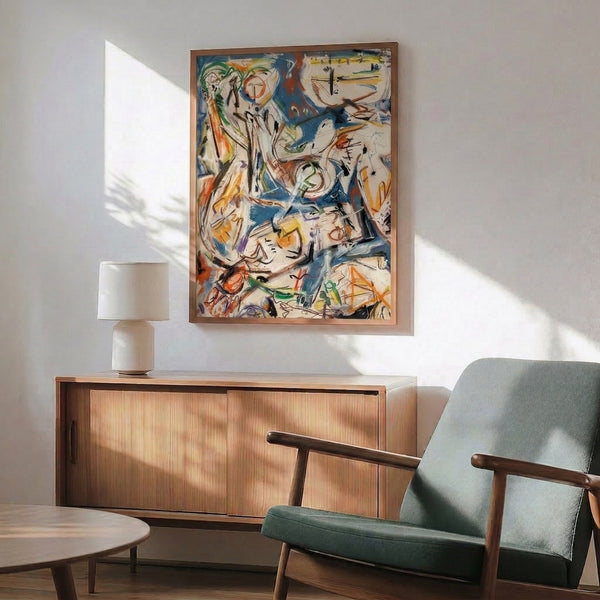 Framed modern abstract expressionist print with expressive gestural brushwork in a vibrant palette of cream, blue, orange, green, and black tones.