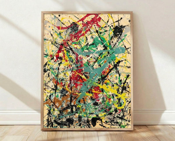 Abstract splatter art print in vibrant crimson, teal, and yellow on cream background, displaying energetic brushstrokes and expressive composition.