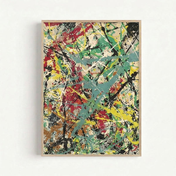 Modern abstract poster featuring bold splatter patterns in red, green, and bright yellow with dynamic black accents on neutral backdrop.