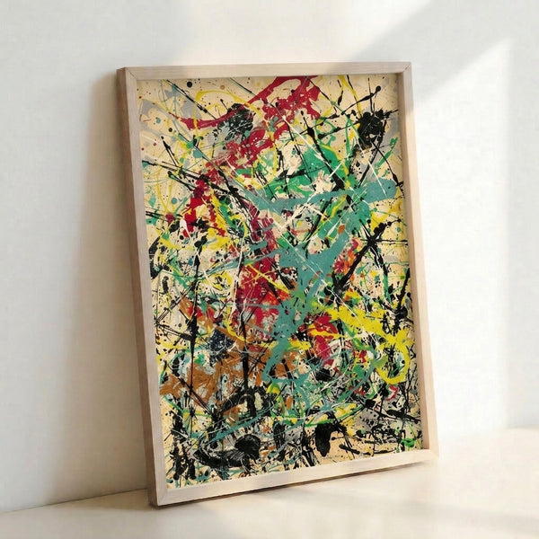 Energetic abstract artwork with chaotic splatter design combining cream, crimson, teal, and yellow tones in contemporary expressive style.